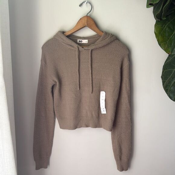 SO Ribbed Khaki Brown Knit Cozy Fuzzy Pullover Hoodie - Picture 2 of 7
